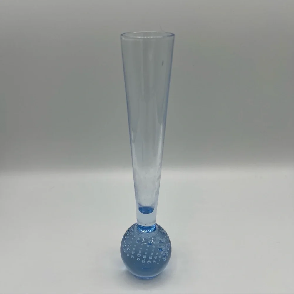 Elegant Controlled Bubble Art Glass Vase Set in Blue‎ and Amber with Flaws